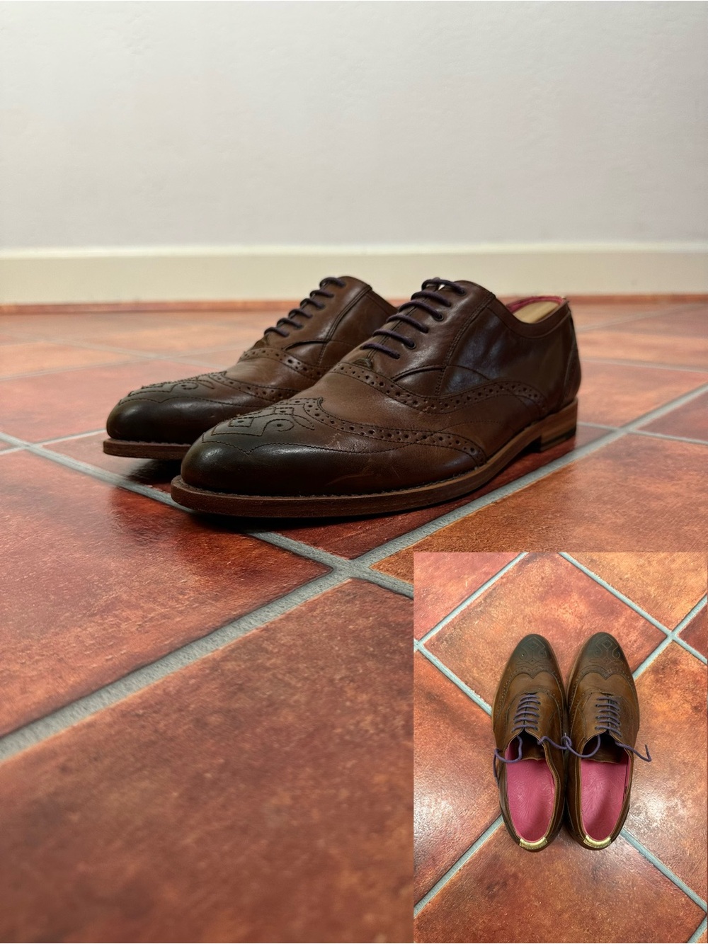 Ted Baker Men's Wingtip Leather Derbys with Brogue Detail and Pink Interior